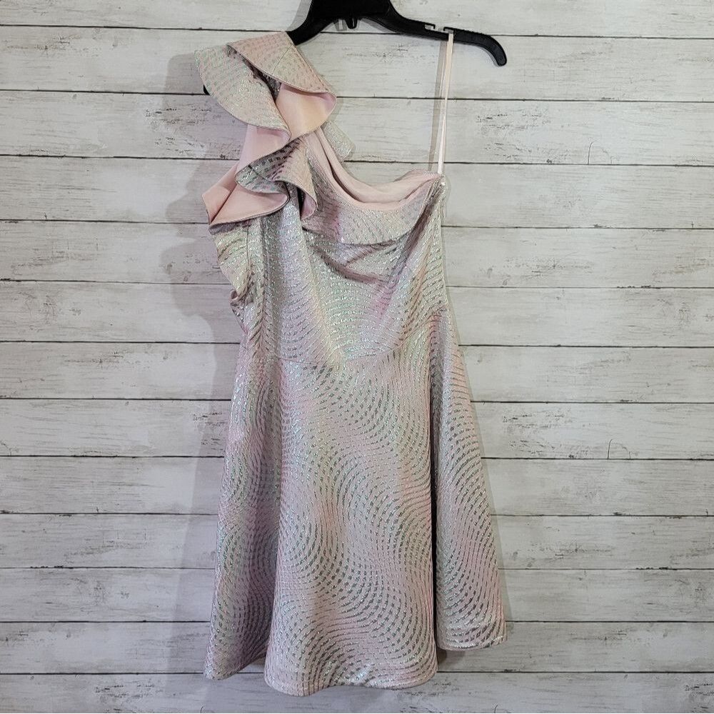 Nha Khanh Blush Silver Metallic Ruffle One Shoulder Fit Flare Caspian Dress
